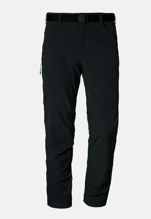 Schwarze Outdoor-Hosen aus synthetischem Material, ausgestattet mit einem Gürtel, Reißverschlusstaschen und einem taillierten Schnitt mit verstellbaren Manschetten.