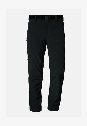 Schwarze Outdoor-Hosen aus synthetischem Material, ausgestattet mit einem Gürtel, Reißverschlusstaschen und einem taillierten Schnitt mit verstellbaren Manschetten.