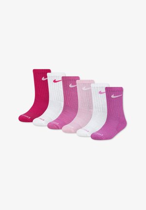 Ensemble de six chaussettes en différentes nuances de rose et blanc. Présente une texture côtelée et le logo Nike en couleurs contrastantes sur chaque chaussette.