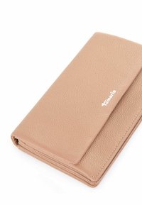 Pink leather wallet with textured surface, folded design, and embossed logo on the front. Features a slim profile and neat stitching.