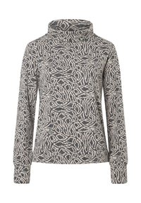 Langärmliger Pullover mit hohem Kragen, aus weichem Stoff gefertigt. Hat ein abstraktes Muster in Grau- und Cremetönen. Lockere Passform.