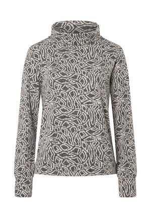 Pull à manches longues avec col haut, en tissu doux. Présente un motif abstrait dans des tons gris et crème. Coupe décontractée.