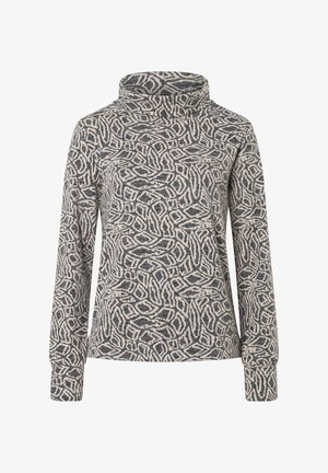 Langärmliger Pullover mit hohem Kragen, aus weichem Stoff gefertigt. Hat ein abstraktes Muster in Grau- und Cremetönen. Lockere Passform.