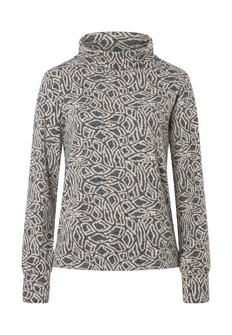 Langärmliger Pullover mit hohem Kragen, aus weichem Stoff gefertigt. Hat ein abstraktes Muster in Grau- und Cremetönen. Lockere Passform.