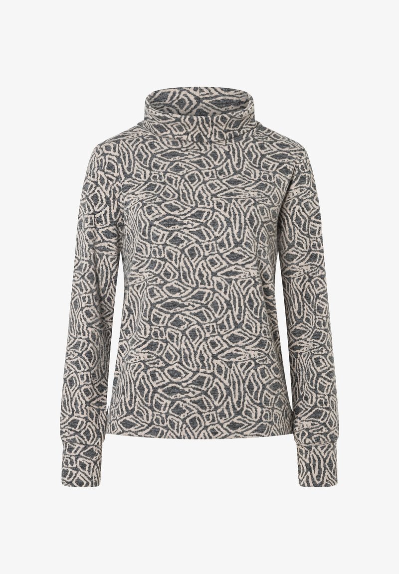 Long-sleeve pullover with a high neck, made of soft fabric. Features an abstract pattern in gray and cream tones. Relaxed fit.