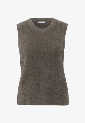 Ärmelloser, dunkelgrauer Pullover aus weichem, strukturiertem Stoff. Verfügt über einen runden Halsausschnitt mit einer leicht lockeren Passform und ohne sichtbare Verschlüsse.