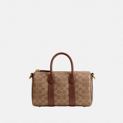 Sac à main à motif couleur fauve avec poignées et garnitures en cuir marron, fermeture éclair et ferrures dorées sur fond uni.