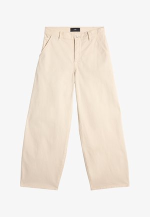 Pantalons larges beige en coton. Caractéristiques : braguette devant, passants de ceinture et deux poches latérales avec une texture lisse.