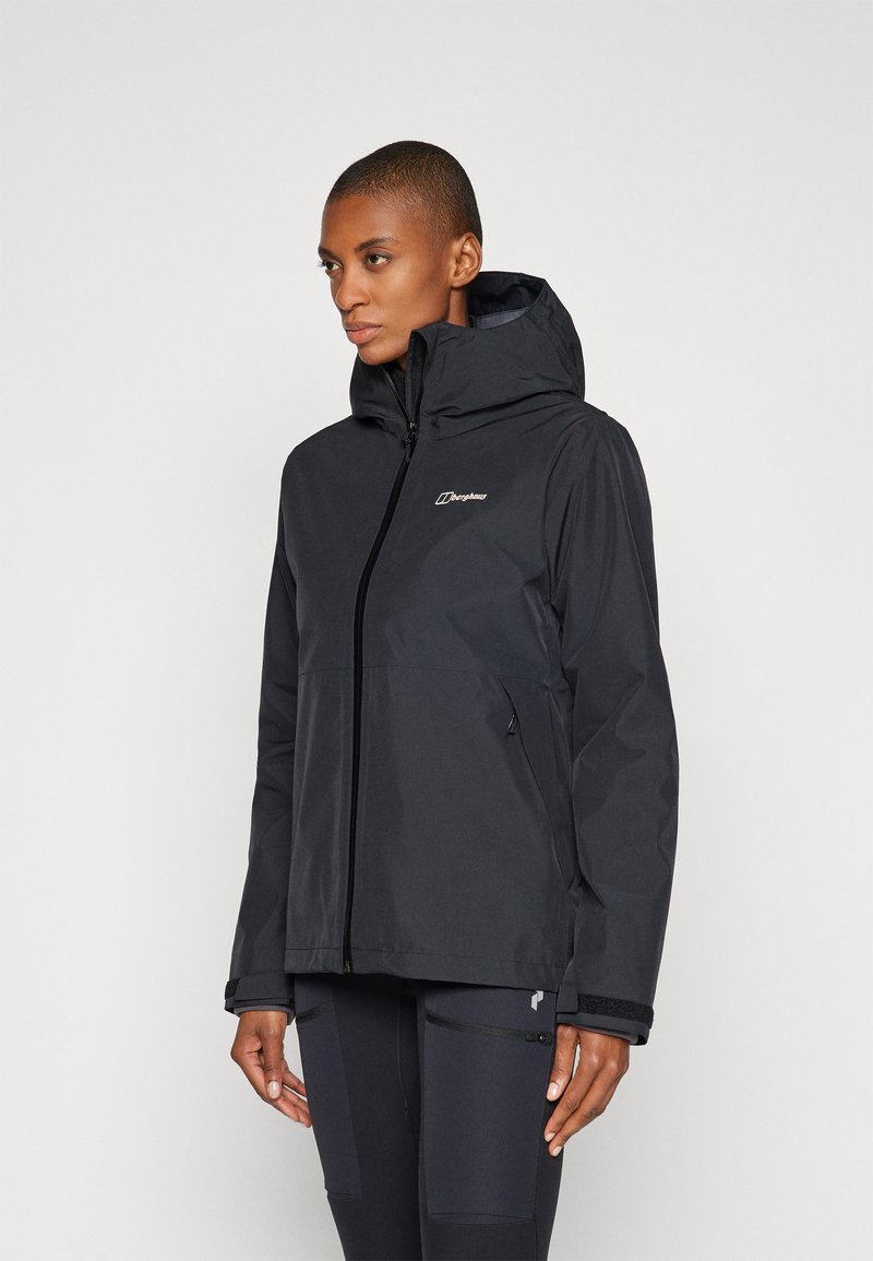 Black waterproof jacket with a hood, zip closure, and logo on the chest; features adjustable cuffs and two side pockets.