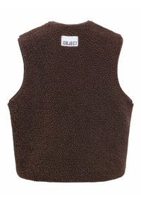 Veste sans manches en polaire marron avec un tissu texturé et une étiquette blanche cousue près de l'encolure au dos portant l'inscription ".OBJECT".