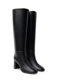 Stivali neri in pelle al ginocchio con punta quadrata e tacco a blocco, caratterizzati da linee pulite e una texture liscia. Nessuna ferramenta o accenti visibili.
