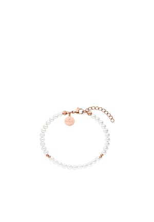 Delicate bracelet with white round beads and rose gold accents, featuring a rose gold clasp and an adjustable chain with a small round tag.