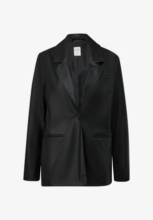 Schwarzer Blazer aus glattem Material, mit Satin-Revers, Ein-Knopf-Verschluss und zwei Fronttaschen. Figurbetonter Schnitt mit langen Ärmeln.