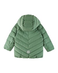 Jachetă puf verde cu glugă, având un model de matlasare în formă de zigzag, umplutură groasă și un patch cu logo pătrat în partea frontală de jos.