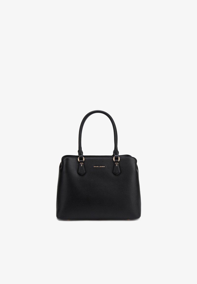 Sac à main en cuir texturé noir avec doubles poignées et pièces dorées, avec un petit logo de marque centré sur le devant.