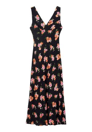 Abito nero floreale con scollo a V, senza maniche, con fiori rosa e arancioni sparsi, realizzato in un tessuto leggero.
