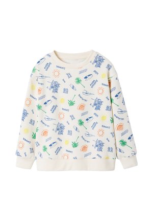 White long-sleeve sweatshirt with colorful summer-themed prints including suns, palm trees, surfboards, waves, lifeguard towers, and text like "SURF SHOP" and "SUMMER."