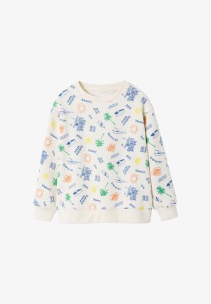 Weißes Sweatshirt mit langen Ärmeln und bunten sommerlichen Motiven, darunter Sonnen, Palmen, Surfbretter, Wellen, Rettungstürme sowie Schriftzüge wie "SURF SHOP" und "SUMMER".