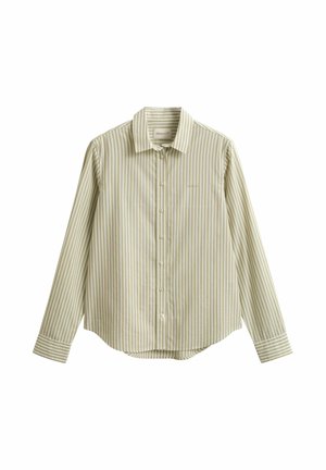 Beige-weiß gestreiftes, langärmeliges Hemd mit Knopfleiste, Kragen und kleinem, gesticktem Logo auf der linken Brust.