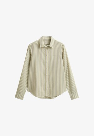 Chemise à manches longues boutonnée, rayée verticalement beige et blanche, avec col et petit logo brodé sur le côté gauche de la poitrine.