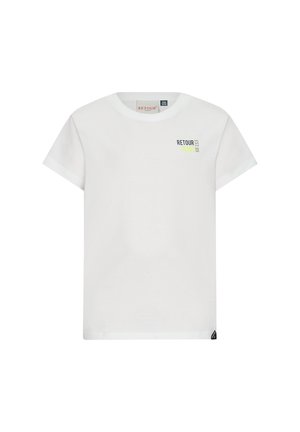 T-shirt in cotone bianco con maniche corte, colletto rotondo, con il testo "RETOUR" in nero e verde lime sul lato sinistro anteriore, e un piccolo dettaglio del logo.