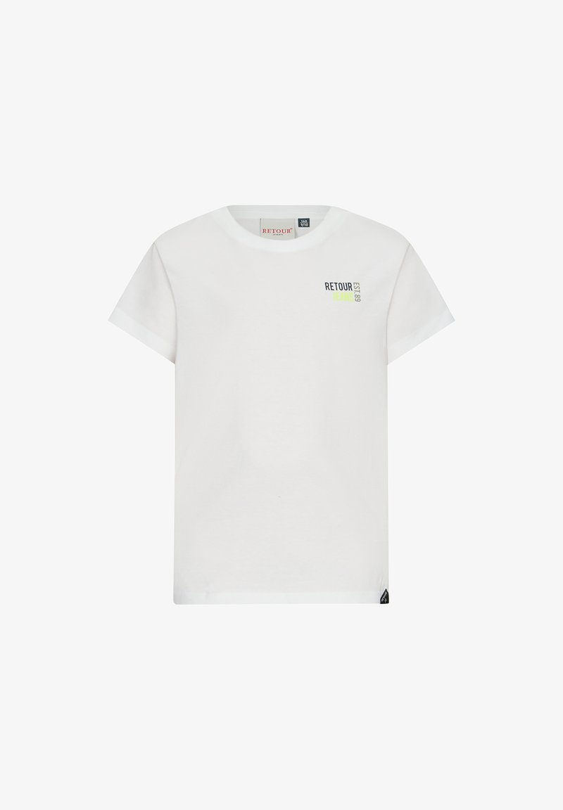 Biała bawełniana koszulka z krótkim rękawem i okrągłym dekoltem, z napisem "RETOUR" w czerni i limonkowej zieleni po lewej stronie z przodu oraz małym logo.