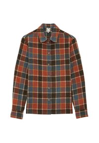 Chemise à carreaux avec col ; présente des couleurs orange, bleue, marron et crème ; fermeture par boutons ; tissu texturé ; manches longues.