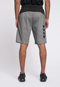 Grå shorts med svart midjeband som har dragsko. Svart chevronmönster på högra sidan. Bärs med svarta träningsskor.