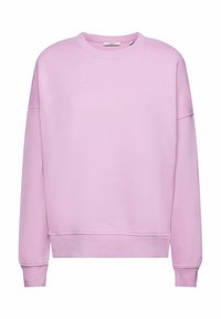Sweatshirt à col rond rose en tissu doux, avec des manches longues, des poignets côtelés et une coupe décontractée. Design minimaliste, sans motifs.