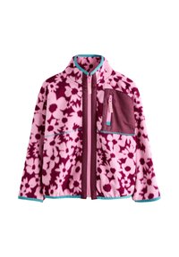 Rózsaszín polárdzseki sötétrózsaszín virágmintával. Magas gallérral, cipzáras záródással, kontrasztos türkiz szegéllyel és mellzsebbel rendelkezik.