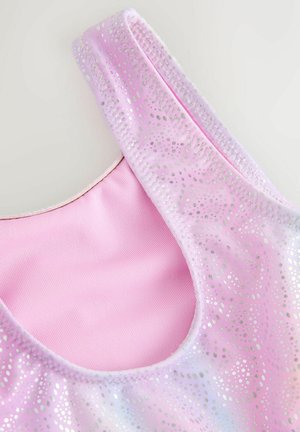 Pink swimsuit featuring a smooth, shimmering surface with silver dot patterns, wide shoulder straps, and a lined inner fabric.