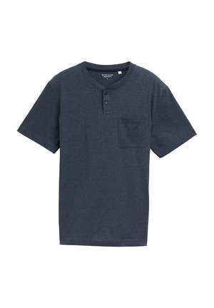 Marineblaues Kurzarm-Henley-Shirt mit Rundhalsausschnitt, zwei Knopfverschluss und einer einzigen Brusttasche, aus weichem, strukturiertem Stoff gefertigt.