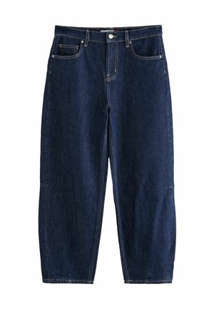 Blugi din denim de un albastru închis, cu o croială relaxată, având mai multe buzunare, cusături galbene și un design cu picior drept.