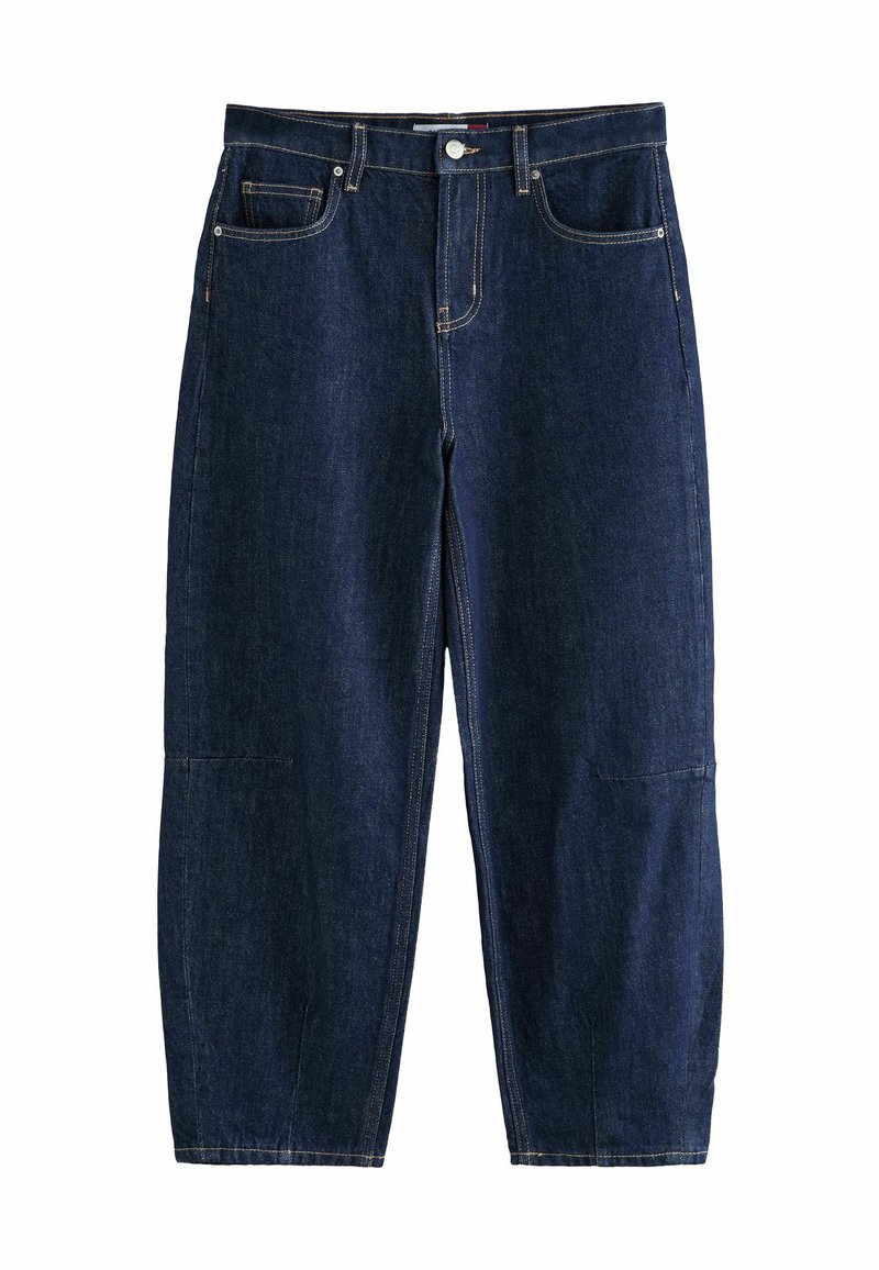 Jean en denim bleu foncé avec une coupe décontractée, dotés de multiples poches, de coutures jaunes et d'un design droit.
