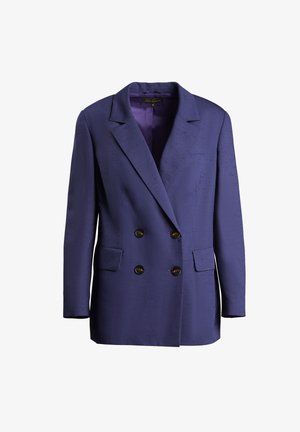 Violetti kaksirivinen bleiseri, joka on valmistettu tekstuurista kankaasta, jossa on nokkakaulus, kaksi etutaskua ja ruskeat nappikoristeet.