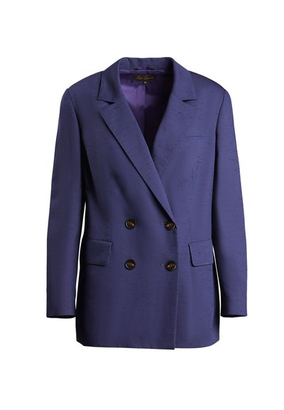 Purple double-breasted blazer made of textured fabric with a notched collar, two front pockets, and brown button accents.