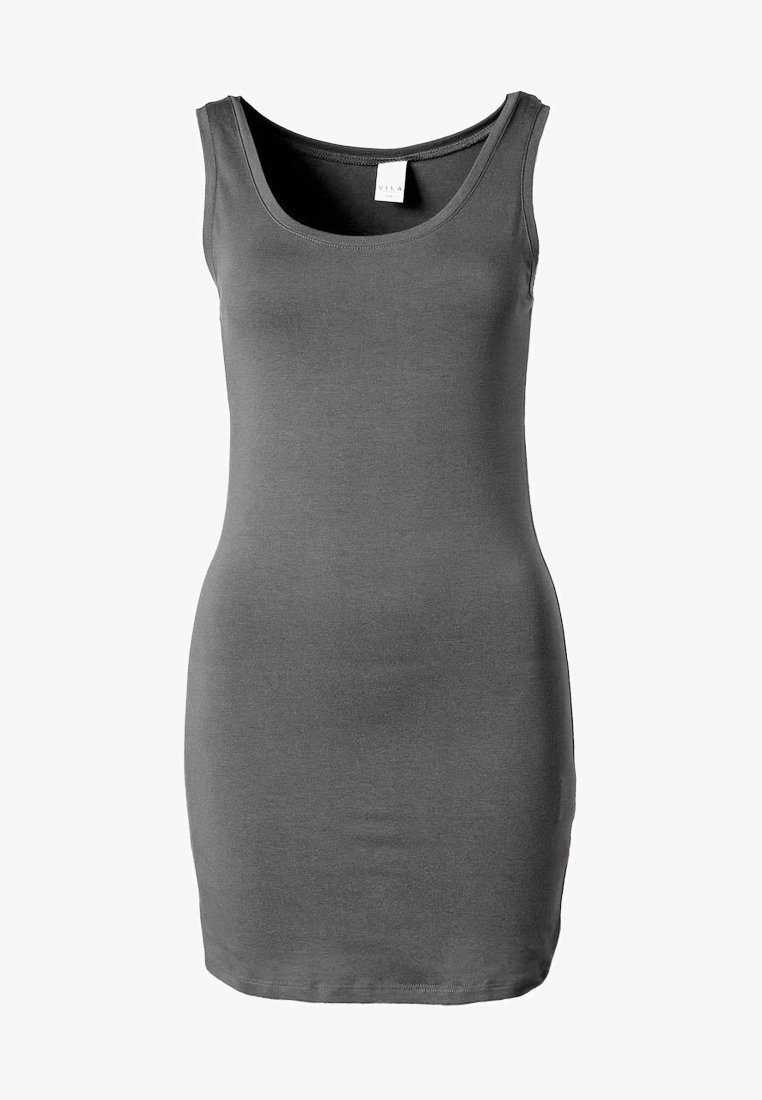 Robe débardeur sans manches gris foncé avec encolure ronde et silhouette ajustée sur fond blanc.
