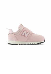 Pink athletic shoe with a rounded toe, textured upper, Velcro strap, and white logo. Black tread sole provides traction.