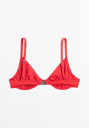 Soutien-gorge rouge avec armatures, bretelles réglables et fermoir métallique à l'avant, présenté à plat sur fond blanc.