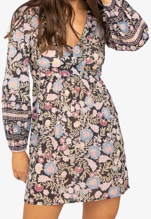 Floral print dress in black fabric featuring long puff sleeves, a V-neckline, and a fitted waist, adorned with light blue and pink flowers.