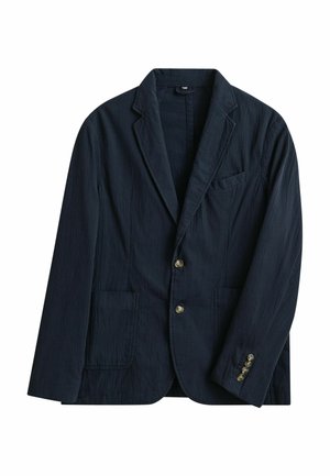 Dark navy blue men's blazer with notch lapels, two-button front, three-button cuffs, and patch pockets on front and chest.