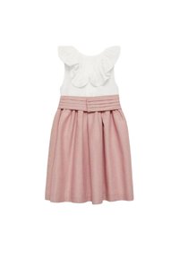 Rosa Kleid mit schwingendem Rock, weißem strukturiertem Oberteil und Rüschendetails an den Schultern. Verfügt über einen plissierten Taillenbund und insgesamt eine strukturierte Gestaltung.