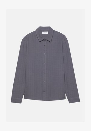 Gray long-sleeve shirt with a button-down design, textured fabric, pointed collar, and vertical pattern detailing. Six buttons down the front.