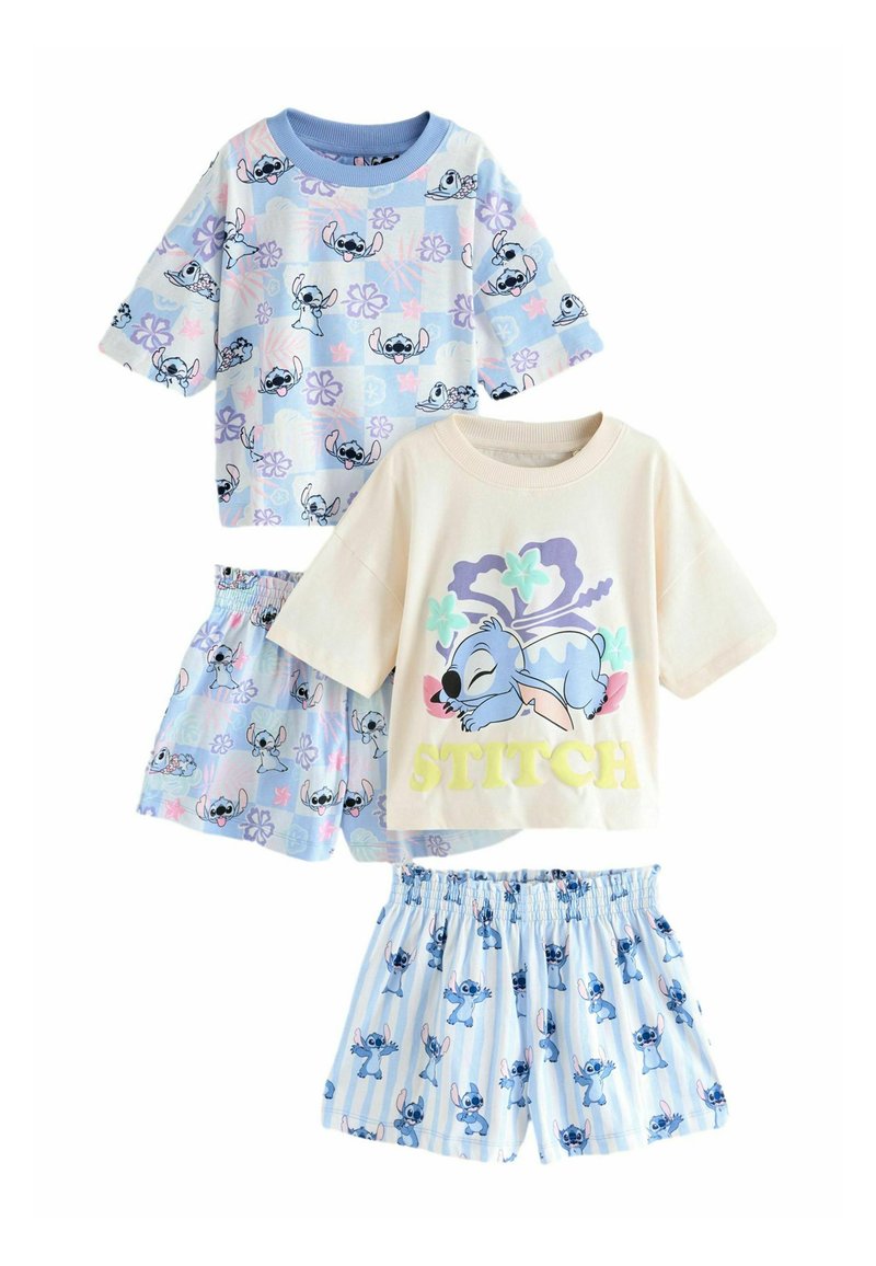 Drie-delige kinderpyjama set bestaande uit twee T-shirts met korte mouwen en twee paar shorts. Ontwerpen omvatten figuren en bloemmotieven in pastelkleuren.