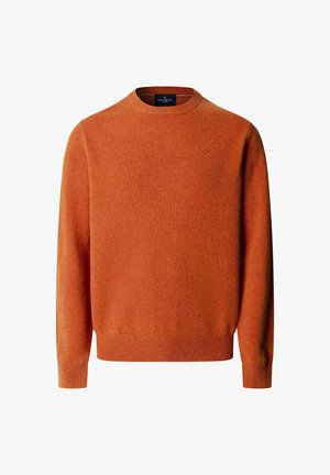 Orangenes Strickpullover mit rundem Ausschnitt, gerippten Bündchen und Saum. Verfügt über ein kleines Logo auf der Brust. Weiche Textur und mittleres Gewicht.