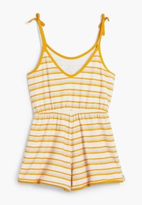 Prugasti kombinezon u bijeloj boji s žutim i ljubičastim linijama. Ima podesive spaghetti naramenice i elastični pojas. Mekani pamučni materijal.