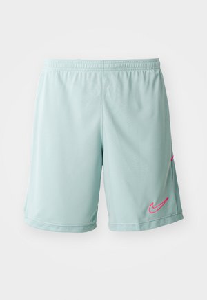 Lyseblå træningsshorts med mesh-struktur, prydet med et pink Nike-logo på venstre side og en elastisk talje.