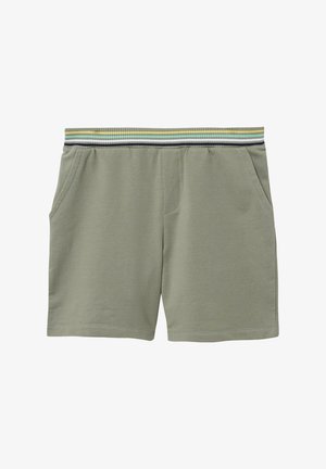 Lichtgroene katoenen shorts met een geribde tailleband met strepen in geel, groen en zwart. Bevat twee zijzakken en gestikte details.