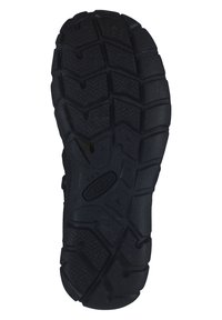 Black rubber shoe sole featuring a deep tread pattern with ridges and grooves for traction, non-marking, and reinforced heel area.
