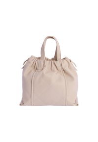 Bolso de mano beige acolchado con parte superior fruncida, dos asas cortas y detalles sutiles de costura. Fabricado en cuero sintético. Diseño compacto y estructurado.